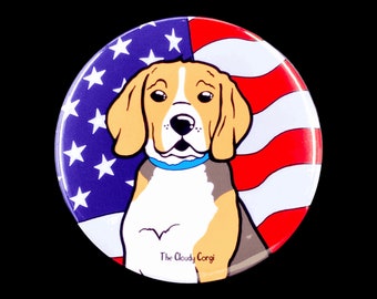 Patriotic Beagle Pinback Button, USA Flag Dog Pin, Independence Day Party Favors, Cartoon Pet Portrait Art Gift, 2.25 or 3.5"