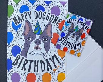 Boston Terrier Dog Birthday Gift, Handmade Celebration Greeting Card & Magnet Set, Rainbow Dog Birthday Card, Retro Pet Portrait Decor Gift
