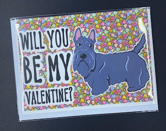 Scottish Terrier Dog Valentines Day Card, Holiday Pet Portrait Greeting Card, Handmade 5x7" Card with Envelope (Set or Single Card)
