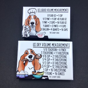 Basset Hound Dog Kitchen Conversion Magnet Set – 2x3" Dry & Liquid Measuring Chart Magnets – Dog Lover Baking and Cooking Gift for Chef