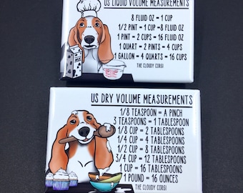 Basset Hound Dog Kitchen Measuring Chart Set, Baking and Cooking Conversion Chart Magnets, Set of 2 (2x3") Handmade Fridge Magnets