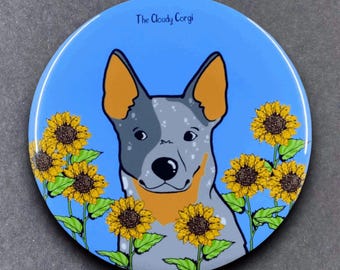 Australian Cattle Dog Sunflower Pet Portrait Gifts & Accessories - Handmade Magnet, Pinback Button, Bottle Opener, Keychain or Mini Ornament