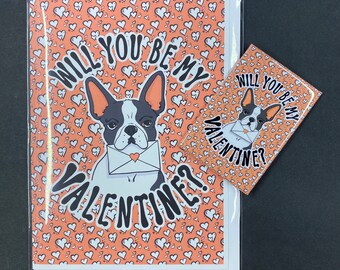 Boston Terrier Dog Valentine's Day Gift, Handmade Holiday Greeting Card & Magnet Set, Cute Dog Valentine, Retro Pet Portrait Decor Gift