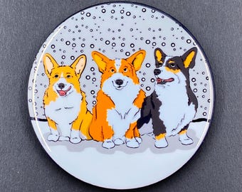 Welsh Corgi Christmas Snow Pet Portrait Art Gifts & Accessories - Handmade Magnet, Pinback Button, Bottle Opener, Keychain, Mini Ornament