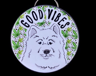 Samoyed Good Vibes Bottle Opener Key Ring, 420 Eskimo Dog Keychain, Pet Portrait Art Gift, Stoner Accessories, Handmade 2.25"