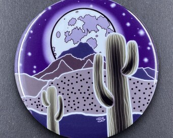 Desert Cactus Full Moon Southwest Art Gifts & Accessories - Handmade Magnet, Pinback Button, Bottle Opener, Keychain or Mini Ornament