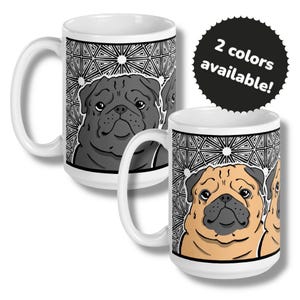 Taza retro de perro carlino de 433 ml, taza de café con retrato de mascota ilustrado a mano, regalos de carlino, taza de arte psicodélico