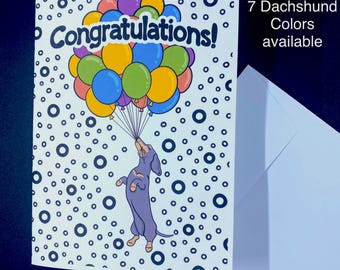 Dachshund Dog Congratulations Card, Retro Pet Portrait Balloon Greeting Card, Handmade 5x7" Card with Envelope (Set or Single Card)