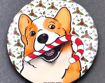 Welsh Corgi Candy Cane Christmas Gift - Pinback Button, Magnet, Keychain, Bottle Opener or Mini Ornament