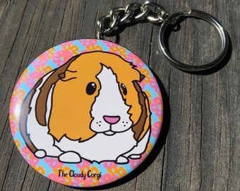 Guinea Pig Keychain, Tropical Pet Portrait Art Gift, Floral Guinea Pig Accessories, Handmade Button Style Key Chain with 2.25" Artwork