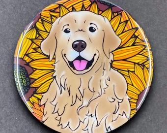 Golden Retriever Dog Sunflower Pet Portrait Handmade Gift & Accessories - Magnet, Pinback Button, Bottle Opener, Keychain, or Mini Ornament
