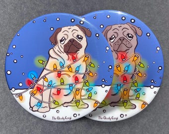 Pug Dog Christmas Lights Pet Portrait Art Gifts & Accessories - Handmade Magnet, Pinback Button, Bottle Opener, Keychain or Mini Ornament