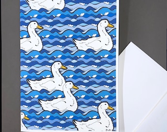 Pekin Duck Card, Psychedelic Greeting Card, Retro Duck Stationery Gift, Handmade Blank Card with Self Seal Envelope (Set or Single Card)