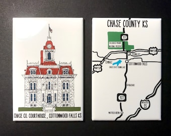 Chase County Kansas Magnet Set, Cottonwood Falls KS Souvenir, Flint Hills Map Travel Gift, Contains 2-2x3" High Quality Handmade Magnets