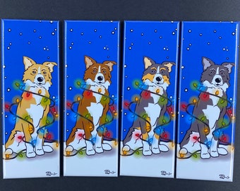 Border Collie Christmas Lights Magnet, Winter Holiday Dog Decor,  Funny Pet Portrait Gifts, High Quality Handmade Magnet 1.5x4.5"