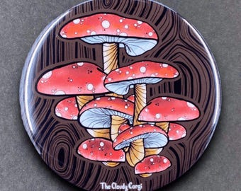 Mushroom Wood Grain Retro Art Handmade Gift & Accessories - Magnet, Pinback Button, Bottle Opener, Keychain, or Mini Ornament