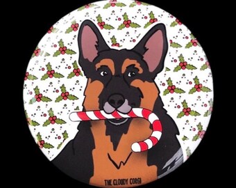 German Shepherd Dog Handmade Candy Cane Pet Portrait Art Gift & Accessories - Magnet, Pinback Button, Bottle Opener, Keychain, Mini Ornament