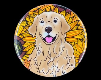 Golden Retriever Sunflower Pin, Psychedelic Dog Pinback Button, Floral Dog Accessories, Pet Portrait Gift,2.25 and 3.5" Size Available