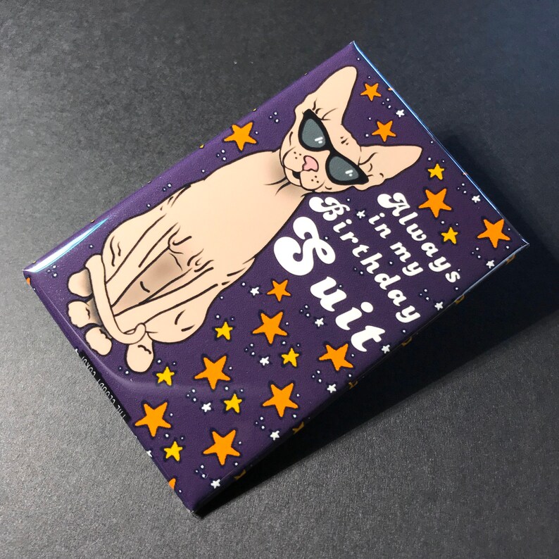 Puede incluir: Un im&aacute;n morado con una imagen de dibujos animados de un gato sin pelo con gafas de sol. El gato est&aacute; sentado sobre un fondo de estrellas amarillas. El texto "Always in my birthday suit" est&aacute; escrito en blanco en el im&aacute;n.