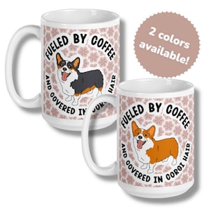 Taza de café con pelo de corgi de 15 oz, taza de café con retrato de mascota ilustrado a mano, regalos divertidos para perros, taza de café con corgi, disponible en tricolor o rojo