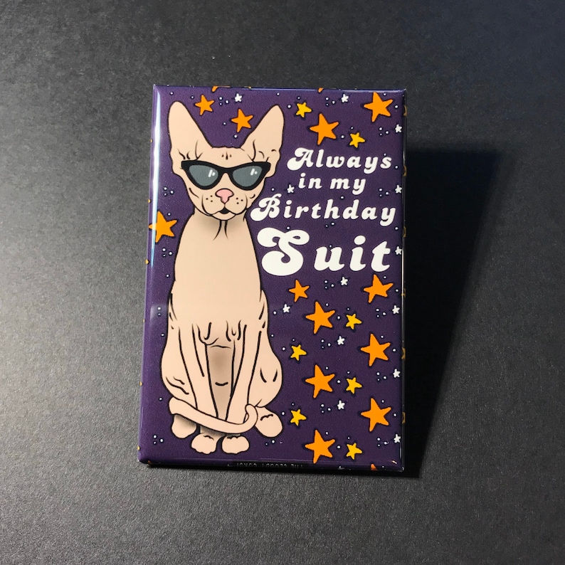 Puede incluir: Un fondo morado con estrellas naranjas y un gato blanco con gafas de sol. El gato est&aacute; sentado con la cola envuelta alrededor de sus patas. El texto "Always in my Birthday Suit" est&aacute; escrito en blanco con una fuente retro.
