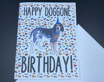 Bluetick Coonhound Happy Doggone Birthday Card - Confetti Celebration Note Card - Cartoon Art Dog Stationery Set or Single Card