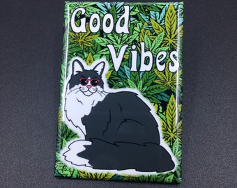 Tuxedo Maine Coon Cat Magnet – 2x3" Handmade 420 Stoner Magnet with Cannabis Leaf Background, Funny Chill Cat Gift