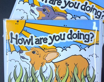 Welsh Corgi Dog Howl Are You Doing? Card, Retro Pet Portrait Greeting Card, Handmade 5x7" Card with Envelope (Set or Single Card)