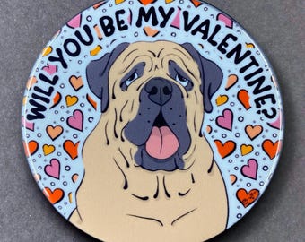 English Mastiff Dog Valentine Gift & Accessory - Handmade Magnet, Pinback Button, Bottle Opener, Keychain, Mini Ornament