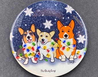 Welsh Corgi Christmas Lights Pet Portrait Art Gifts & Accessories - Handmade Magnet, Pinback Button, Bottle Opener, Keychain, Mini Ornament