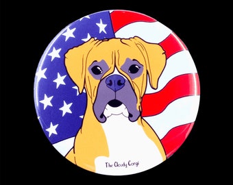 Patriotic Boxer Pinback Button, USA Flag Dog Pin, Independence Day Accessories, 4th of July Pin, Boxer Portrait Art Gift, 2.25 or 3.5"