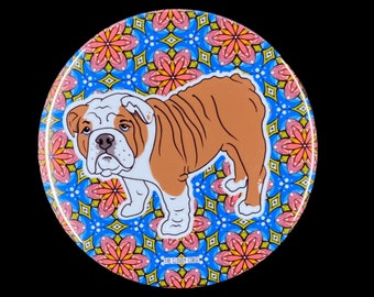 English Bulldog Pinback Button, Retro Dog Accessories, Psychedelic Pet Portrait Art Gift, Bulldog Pin Backpack Accessories, 2.25 or 3.5"
