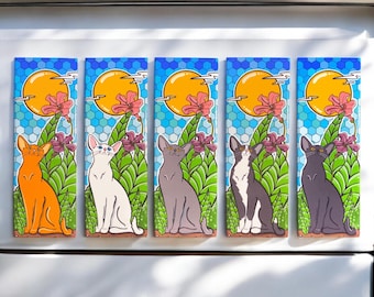 Sun Cat Flower Magnet – Handmade 1.5x4.5" Fridge Magnet – Hand Illustrated Botanical Cat Art – 5 Color Options – Nature-Inspired Pet Gift
