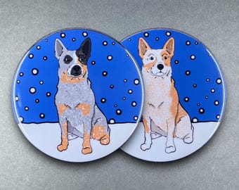 Australian Cattle Dog Snow Christmas Pet Portrait Handmade Gift & Accessory - Magnet, Pinback Button, Bottle Opener, Keychain, Mini Ornament