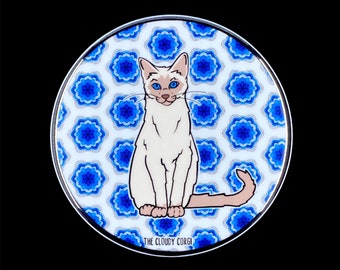 Siamese Cat Pinback Button, Psychedelic Cat Pin, Retro Cat Accessories, Cartoon Pet Portrait Art Gift, 2.25 or 3.5"