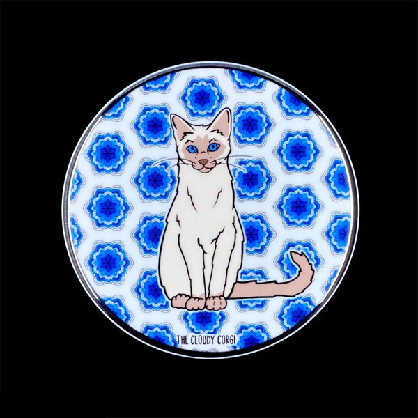 Siamese Cat Pinback Button, Psychedelic Cat Pin, Retro Cat Accessories, Cartoon Pet Portrait Art Gift, 2.25 or 3.5"