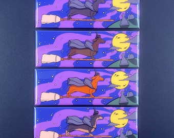 Dachshund Halloween Magnet, Witch Wiener Dog Flying on Broomstick, 1.5x4.5" Handmade Fridge Magnet, Spooky Cute Fall Decor, Doxie Lover Gift