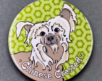 Chinese Crested Dog Retro Pet Portrait Gift & Accessories - Handmade Magnet, Pinback Button, Bottle Opener, Keychain or Mini Ornament