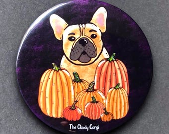 French Bulldog Pumpkin Pet Portrait Art Gifts & Accessories - Handmade Magnet, Pinback Button, Bottle Opener, Keychain or Mini Ornament