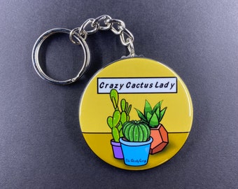Crazy Cactus Lady Keychain, Plant Lover Key Ring, Cute Backpack Accessories, Cacti Purse Charm, Gift for Gardener, 2.25" Artwork - Handmade