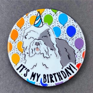 Old English Sheepdog Dog Birthday Portrait Art Gift & Accessory - Handmade Magnet, Pinback Button, Bottle Opener, Keychain or Mini Ornament