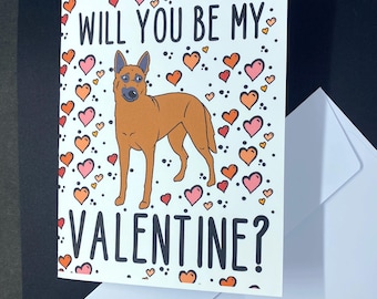 Belgian Malinois Dog Valentine's Day Card - Will You Be My Valentine? Cartoon Art Note - Holiday Stationery Set or Single Card