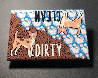 Chihuahua Dishwasher Magnet, Clean Dirty Sign, Dog Kitchen Decor, Handmade & Hand Illustrated Cartoon Pet Portrait Gift 2x3