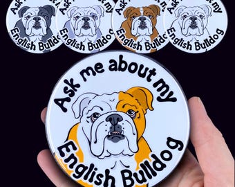 English Bulldog Retro Dog Pet Portrait Art Gifts & Accessories - Handmade Magnet, Pinback Button, Bottle Opener, Keychain or Mini Ornament