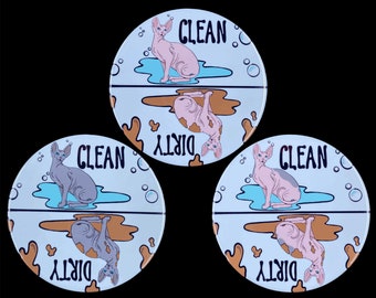 Sphynx Cat Dishwasher Magnet, Clean Dirty Hairless Cat Magnet, Cat Kitchen Accessories & Decor, 3.5" Handmade Magnet, 3 COLORS AVAILABLE