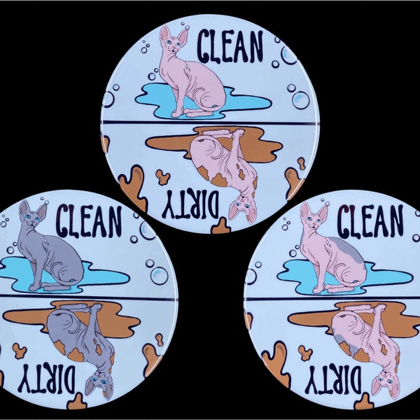 Sphynx Cat Dishwasher Magnet, Clean Dirty Hairless Cat Magnet, Cat Kitchen Accessories & Decor, 3.5" Handmade Magnet, 3 COLORS AVAILABLE