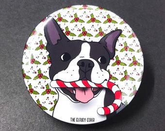 Boston Terrier Candy Cane Pinback Button, Holiday Dog Pin, Boston Terrier Christmas Stocking Stuffer Gift, Cartoon Pet Portrait 2.25 or 3.5"