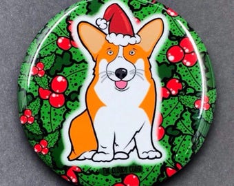 Welsh Corgi Dog Santa Hat Handmade Christmas Pet Portrait Gift & Accessory - Magnet, Pinback Button, Bottle Opener, Keychain, Mini Ornament