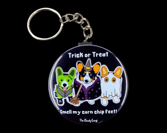 Corgi Costume Halloween Keychain - Seasonal Dog Portrait Art Gifts - Trick or Treat Collectible Key Ring Accessories