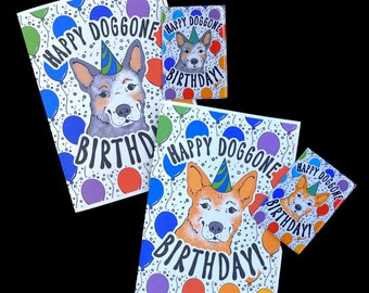 Australian Cattle Dog Dog Birthday Gift, Handmade Celebration Greeting Card & Magnet Set, Rainbow Dog Birthday Card - Red or Blue Heeler